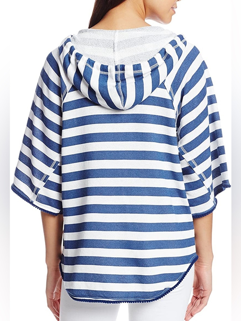 Roxy Striped Terry Cloth Hoodie Beach Cover Up Zip Front Poncho Top Coastal - Picture 4 of 12